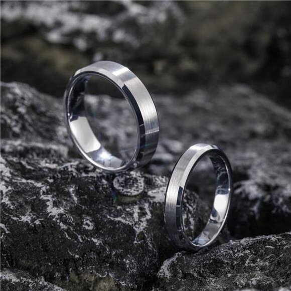 4mm 6mm Tungsten Carbide Ring for Men Women Beveled Edge Brushed Silver - Picture 3 of 7